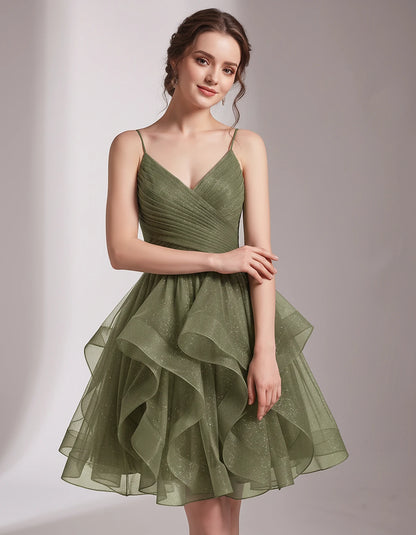 Glitter Tulle Satin Sleeveless V-Neck A-Line Mini Dress for Party, Prom, Cocktail, Evening, Summer & Wedding Guest Events | R