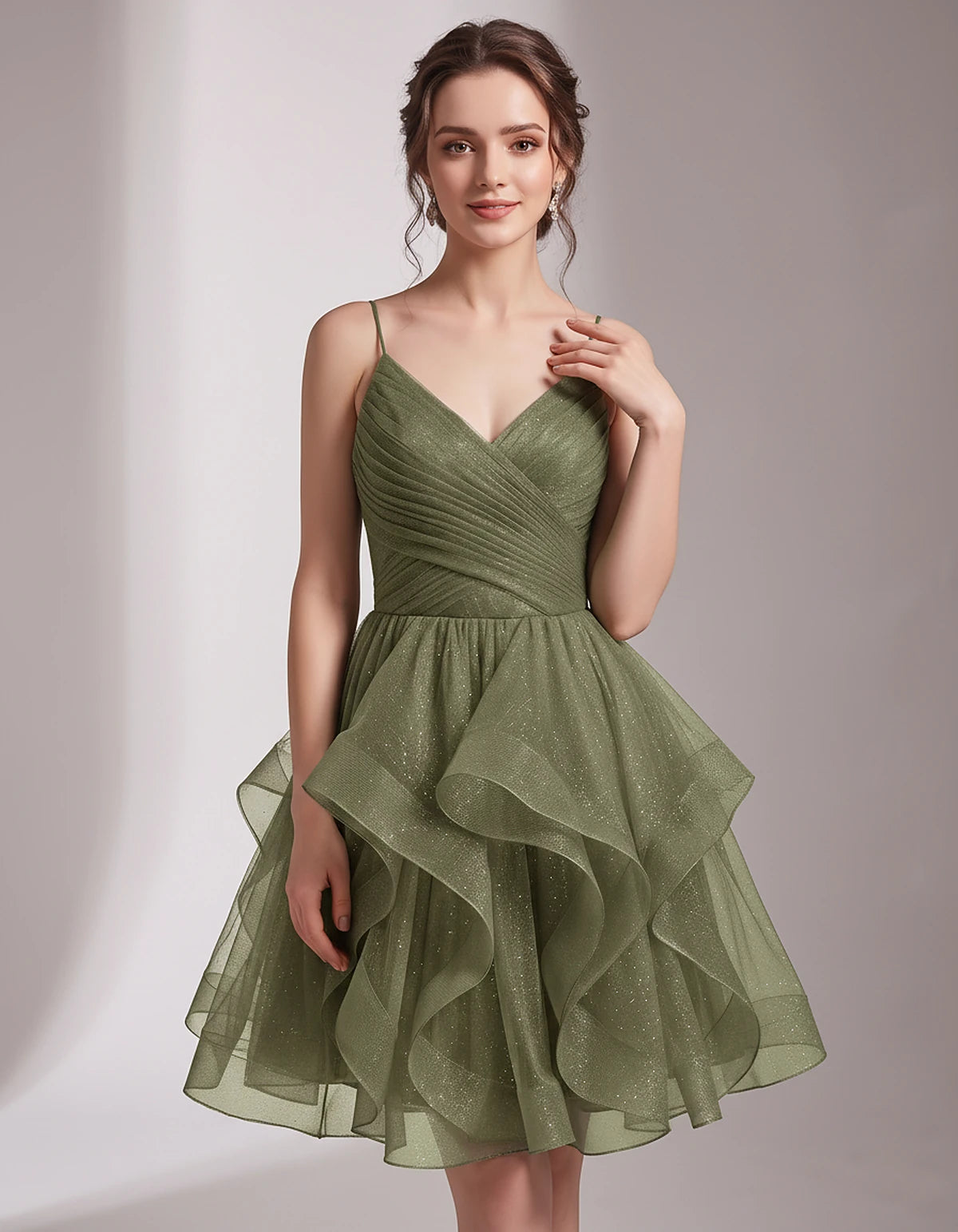 Glitter Tulle Satin Sleeveless V-Neck A-Line Mini Dress for Party, Prom, Cocktail, Evening, Summer & Wedding Guest Events | R