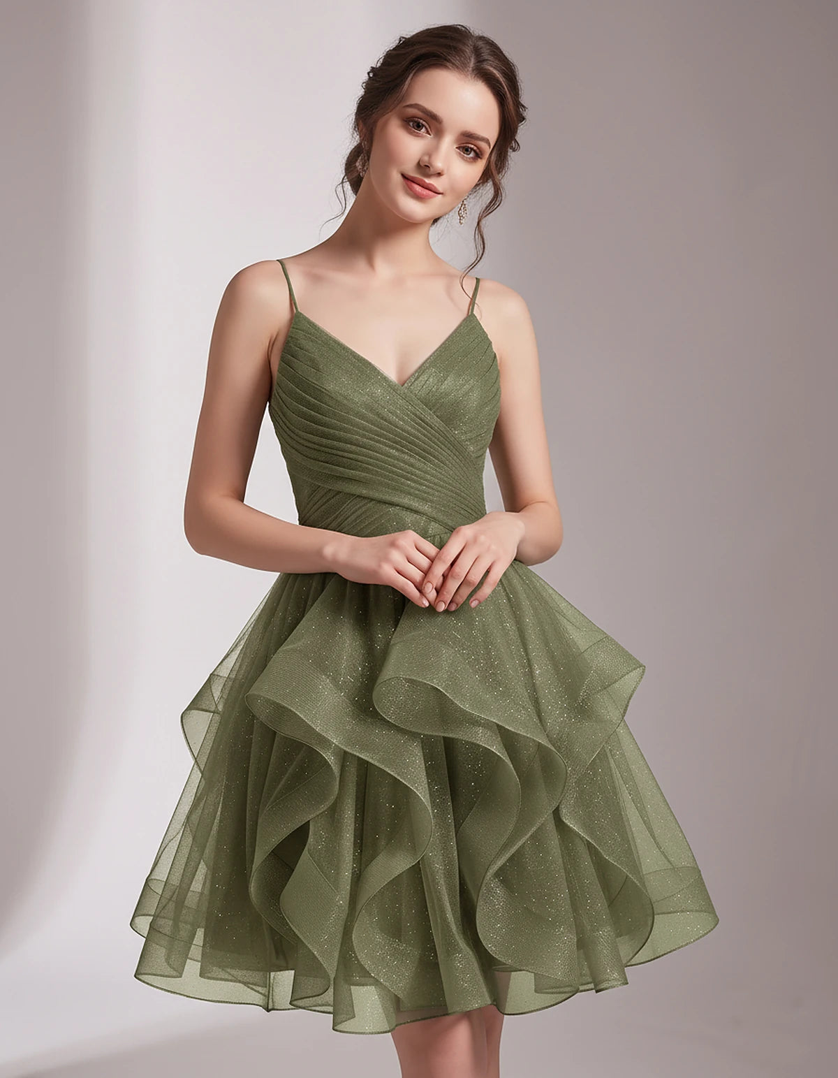Glitter Tulle Satin Sleeveless V-Neck A-Line Mini Dress for Party, Prom, Cocktail, Evening, Summer & Wedding Guest Events | R