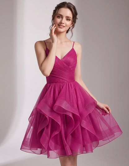 Glitter Tulle Satin Sleeveless V-Neck A-Line Mini Dress for Party, Prom, Cocktail, Evening, Summer & Wedding Guest Events | R