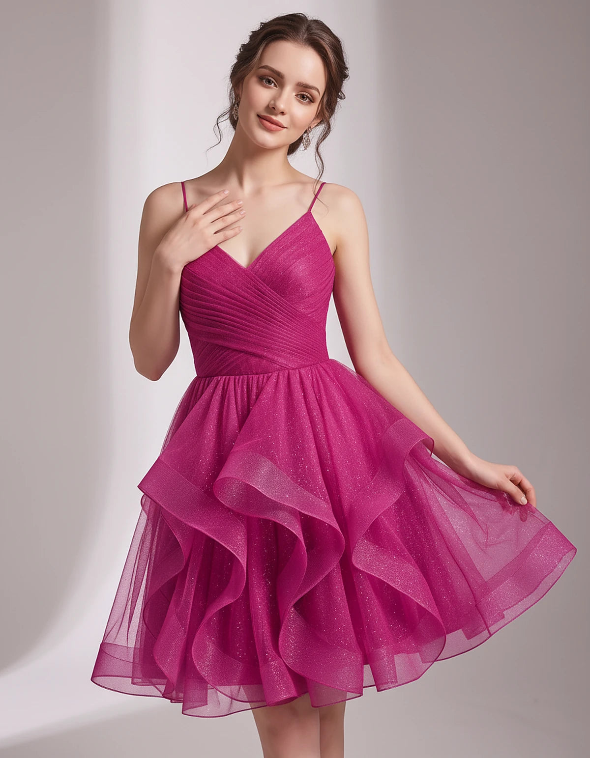 Glitter Tulle Satin Sleeveless V-Neck A-Line Mini Dress for Party, Prom, Cocktail, Evening, Summer & Wedding Guest Events | R