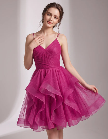 Glitter Tulle Satin Sleeveless V-Neck A-Line Mini Dress for Party, Prom, Cocktail, Evening, Summer & Wedding Guest Events | R