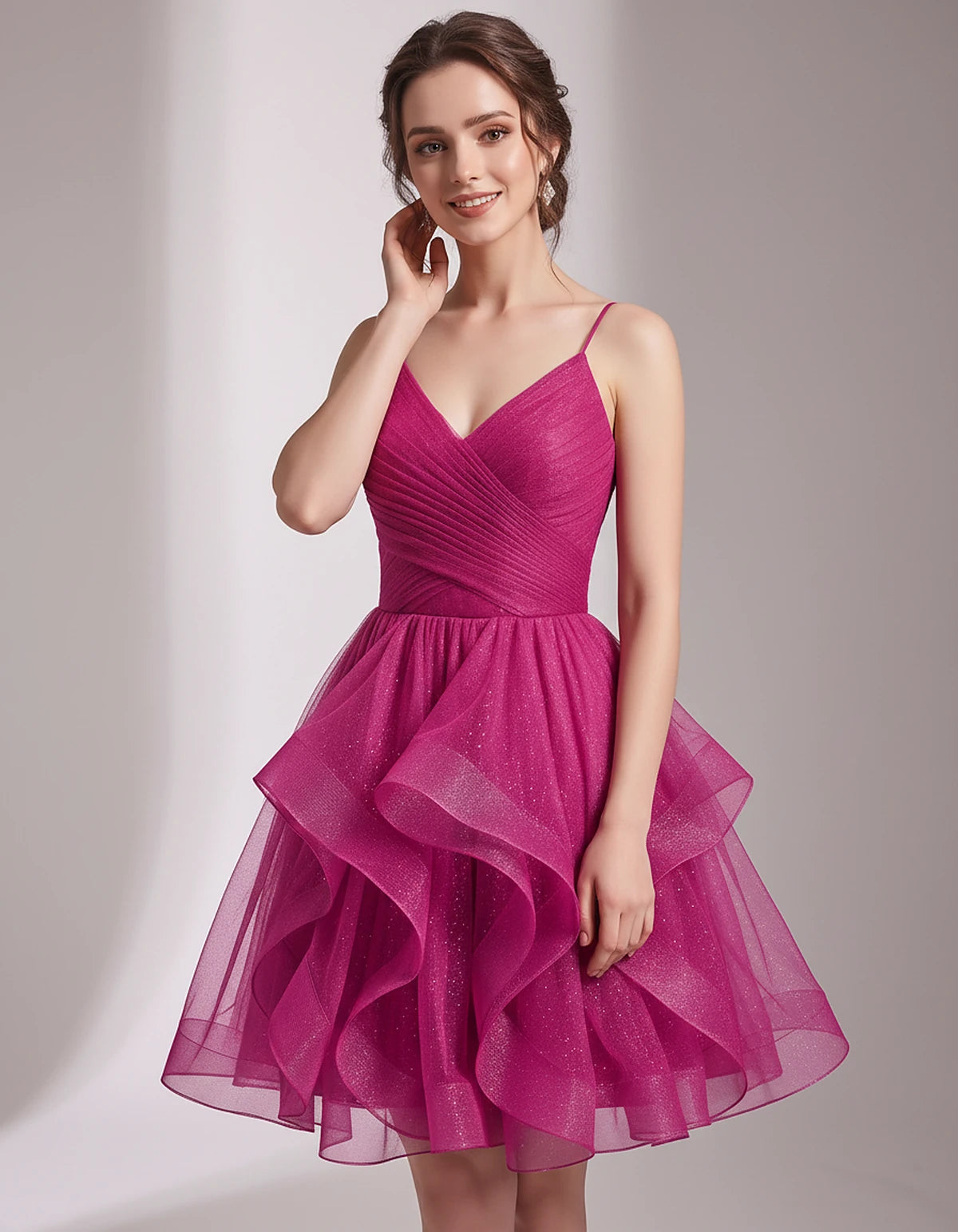 Glitter Tulle Satin Sleeveless V-Neck A-Line Mini Dress for Party, Prom, Cocktail, Evening, Summer & Wedding Guest Events | R