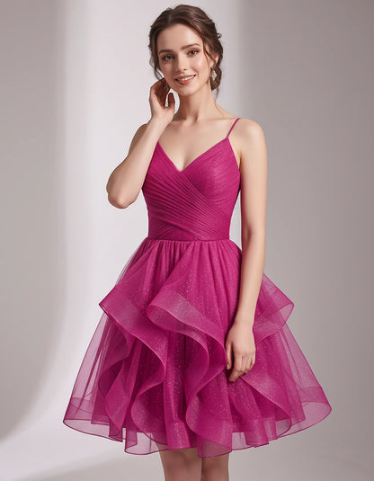 Glitter Tulle Satin Sleeveless V-Neck A-Line Mini Dress for Party, Prom, Cocktail, Evening, Summer & Wedding Guest Events | R