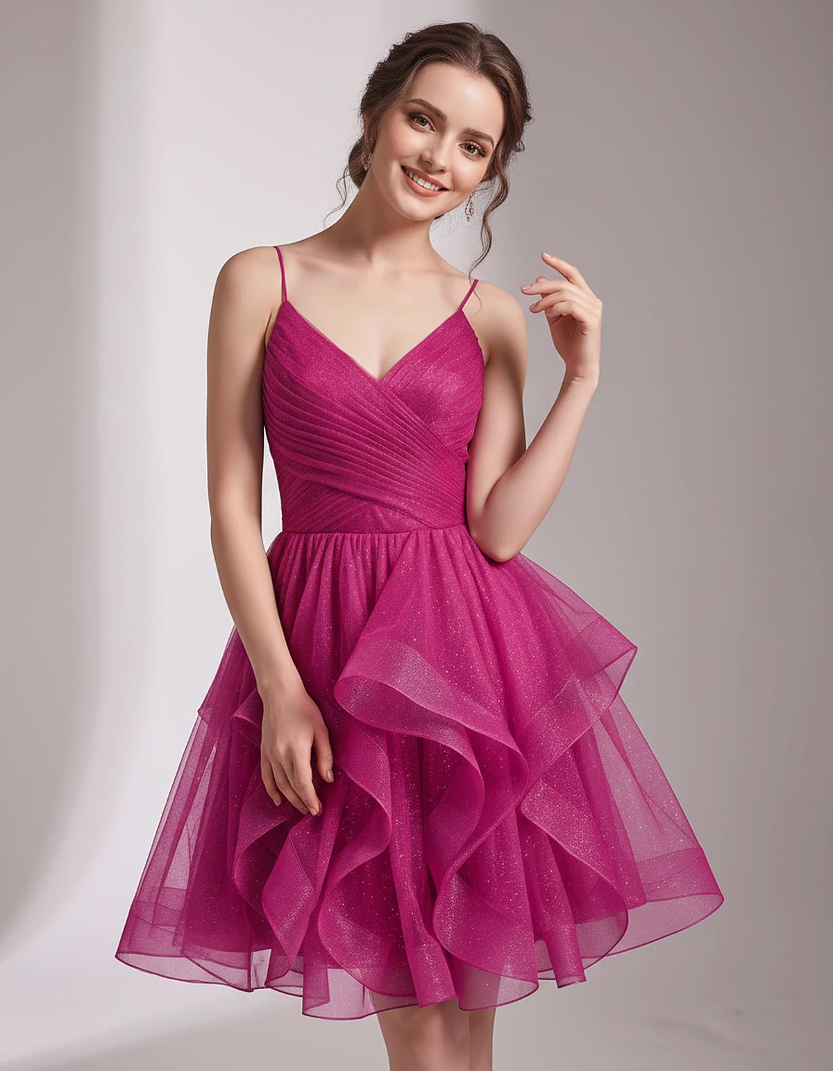 Glitter Tulle Satin Sleeveless V-Neck A-Line Mini Dress for Party, Prom, Cocktail, Evening, Summer & Wedding Guest Events | R