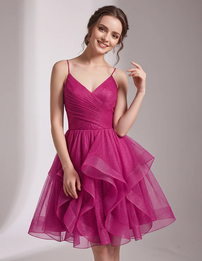 Glitter Tulle Satin Sleeveless V-Neck A-Line Mini Dress for Party, Prom, Cocktail, Evening, Summer & Wedding Guest Events | R