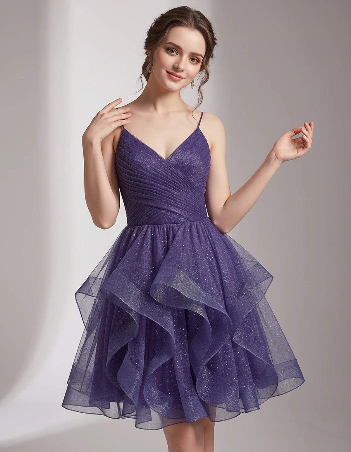 Glitter Tulle Satin Sleeveless V-Neck A-Line Mini Dress for Party, Prom, Cocktail, Evening, Summer & Wedding Guest Events | R