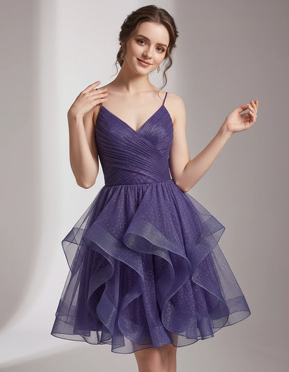 Glitter Tulle Satin Sleeveless V-Neck A-Line Mini Dress for Party, Prom, Cocktail, Evening, Summer & Wedding Guest Events | R