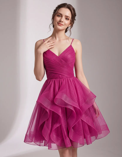 Glitter Tulle Satin Sleeveless V-Neck A-Line Mini Dress for Party, Prom, Cocktail, Evening, Summer & Wedding Guest Events | R