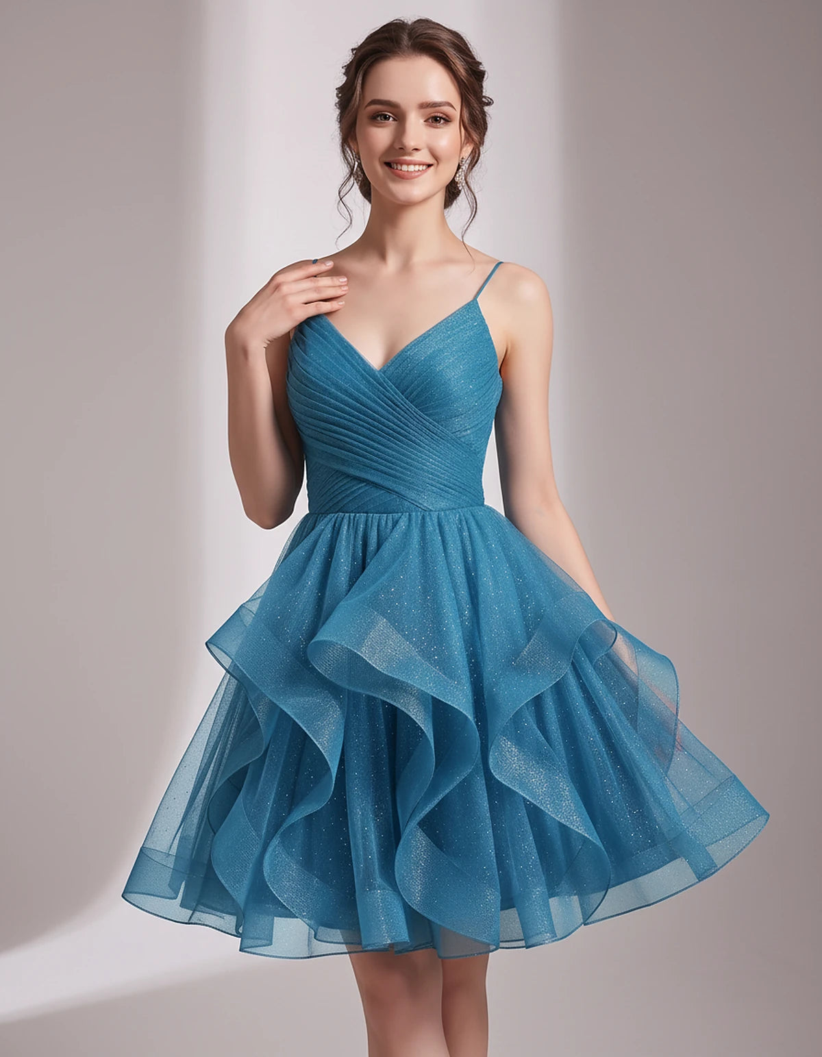 Glitter Tulle Satin Sleeveless V-Neck A-Line Mini Dress for Party, Prom, Cocktail, Evening, Summer & Wedding Guest Events | R