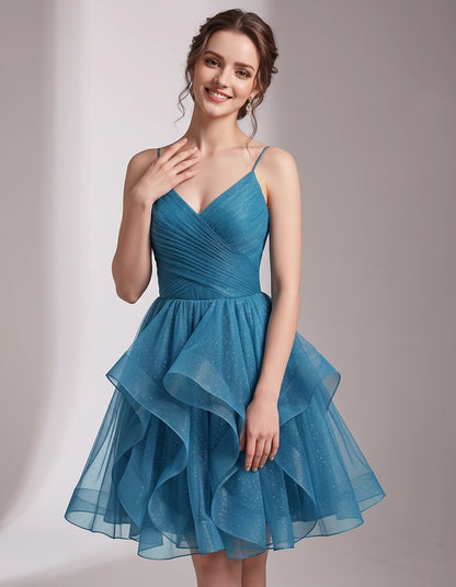 Glitter Tulle Satin Sleeveless V-Neck A-Line Mini Dress for Party, Prom, Cocktail, Evening, Summer & Wedding Guest Events | R
