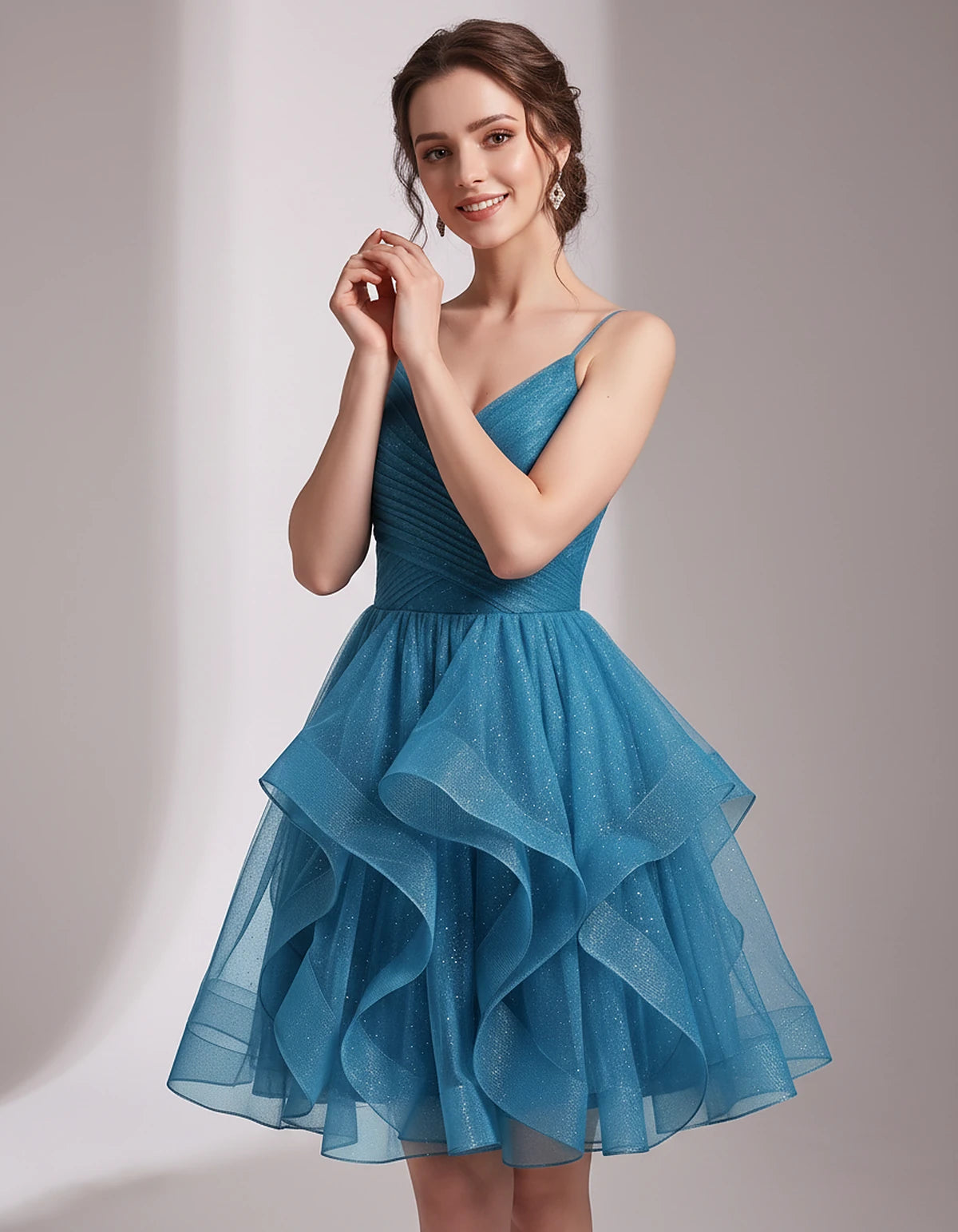 Glitter Tulle Satin Sleeveless V-Neck A-Line Mini Dress for Party, Prom, Cocktail, Evening, Summer & Wedding Guest Events | R