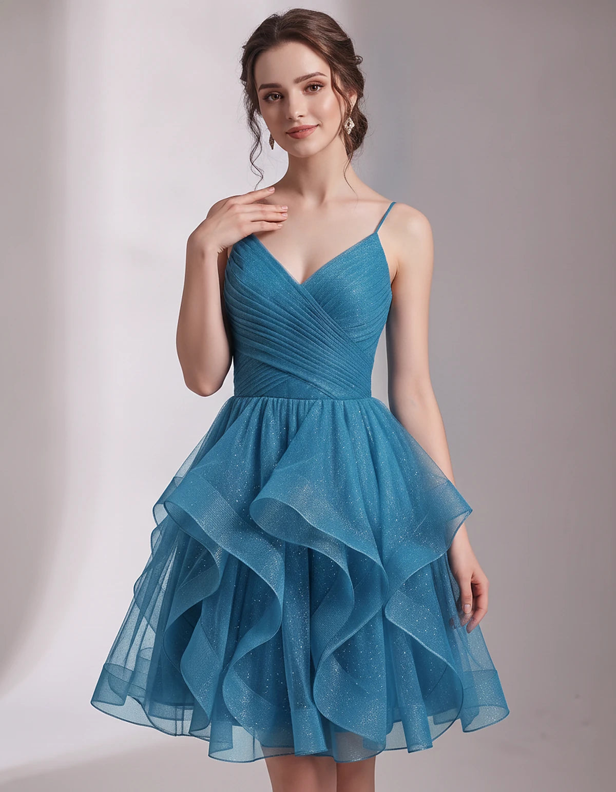 Glitter Tulle Satin Sleeveless V-Neck A-Line Mini Dress for Party, Prom, Cocktail, Evening, Summer & Wedding Guest Events | R