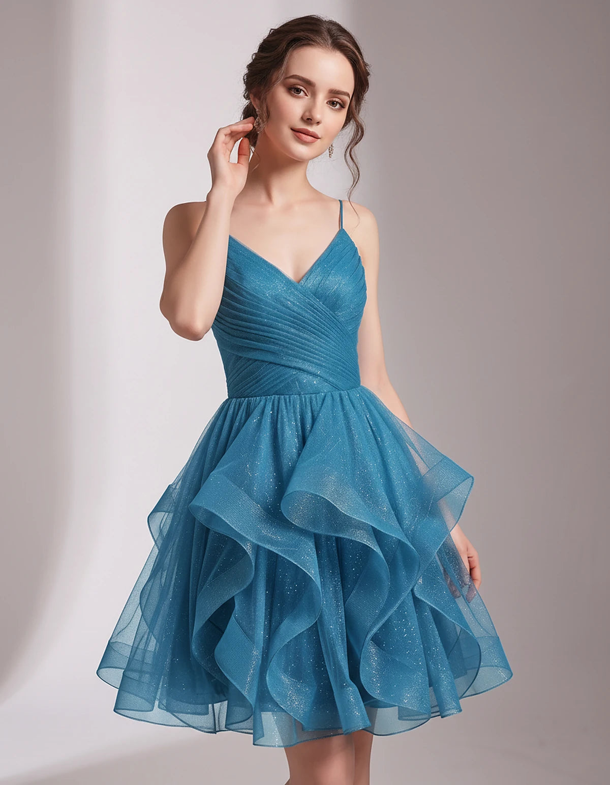 Glitter Tulle Satin Sleeveless V-Neck A-Line Mini Dress for Party, Prom, Cocktail, Evening, Summer & Wedding Guest Events | R