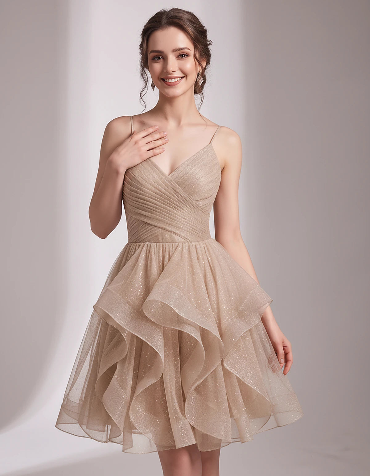 Glitter Tulle Satin Sleeveless V-Neck A-Line Mini Dress for Party, Prom, Cocktail, Evening, Summer & Wedding Guest Events | R