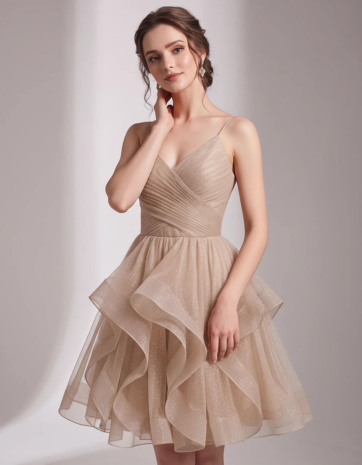 Glitter Tulle Satin Sleeveless V-Neck A-Line Mini Dress for Party, Prom, Cocktail, Evening, Summer & Wedding Guest Events | R