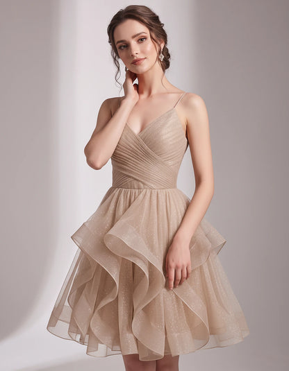 Glitter Tulle Satin Sleeveless V-Neck A-Line Mini Dress for Party, Prom, Cocktail, Evening, Summer & Wedding Guest Events | R