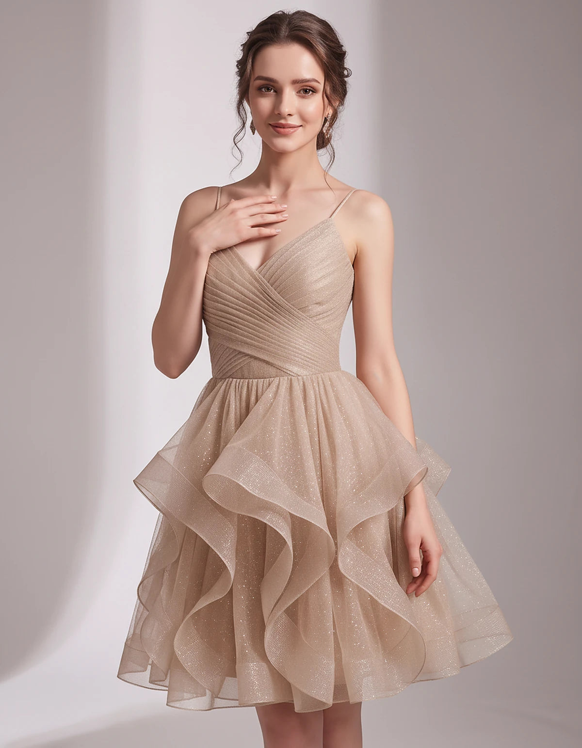 Glitter Tulle Satin Sleeveless V-Neck A-Line Mini Dress for Party, Prom, Cocktail, Evening, Summer & Wedding Guest Events | R