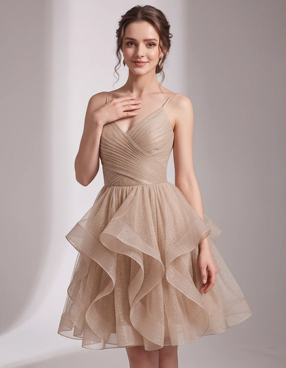 Glitter Tulle Satin Sleeveless V-Neck A-Line Mini Dress for Party, Prom, Cocktail, Evening, Summer & Wedding Guest Events | R