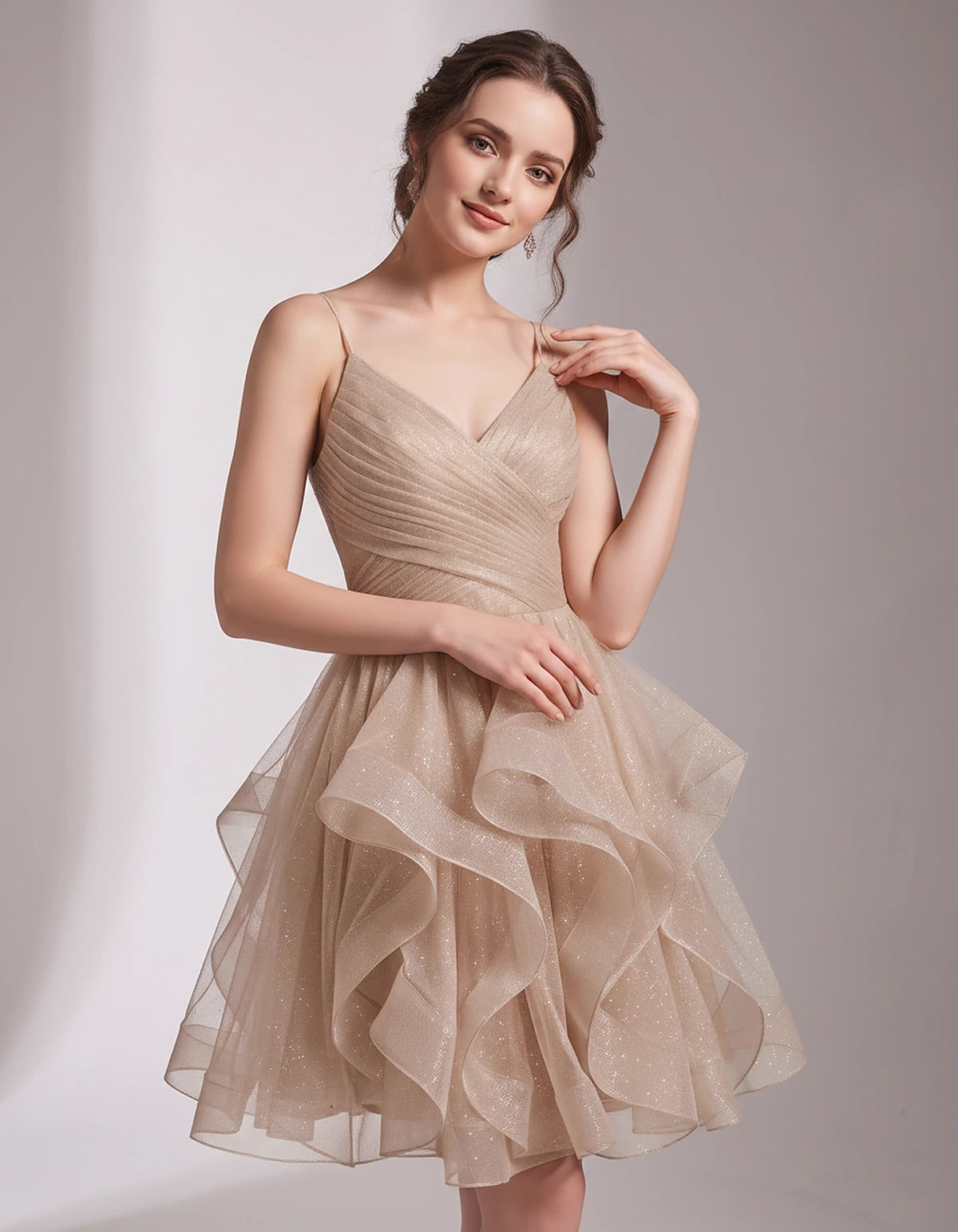 Glitter Tulle Satin Sleeveless V-Neck A-Line Mini Dress for Party, Prom, Cocktail, Evening, Summer & Wedding Guest Events | R
