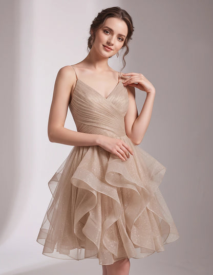 Glitter Tulle Satin Sleeveless V-Neck A-Line Mini Dress for Party, Prom, Cocktail, Evening, Summer & Wedding Guest Events | R