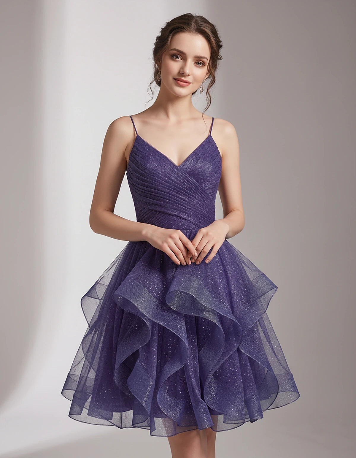 Glitter Tulle Satin Sleeveless V-Neck A-Line Mini Dress for Party, Prom, Cocktail, Evening, Summer & Wedding Guest Events | R