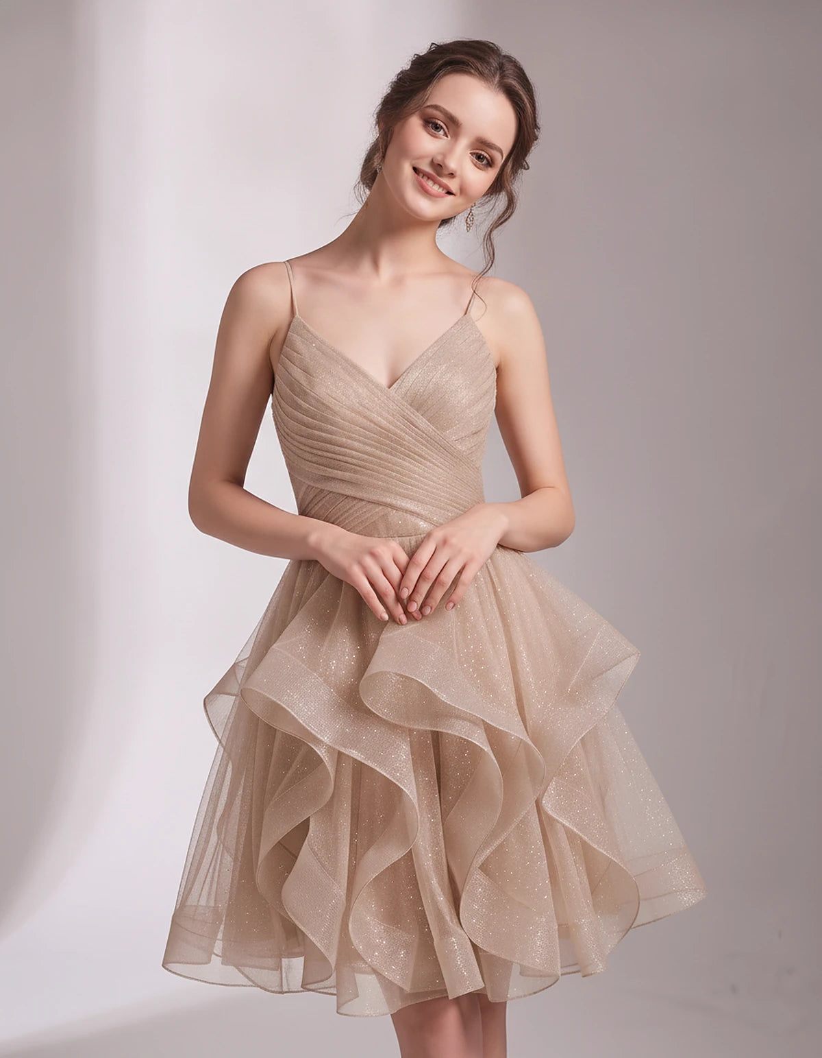 Glitter Tulle Satin Sleeveless V-Neck A-Line Mini Dress for Party, Prom, Cocktail, Evening, Summer & Wedding Guest Events | R
