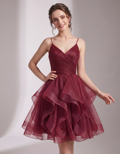 Glitter Tulle Satin Sleeveless V-Neck A-Line Mini Dress for Party, Prom, Cocktail, Evening, Summer & Wedding Guest Events | R