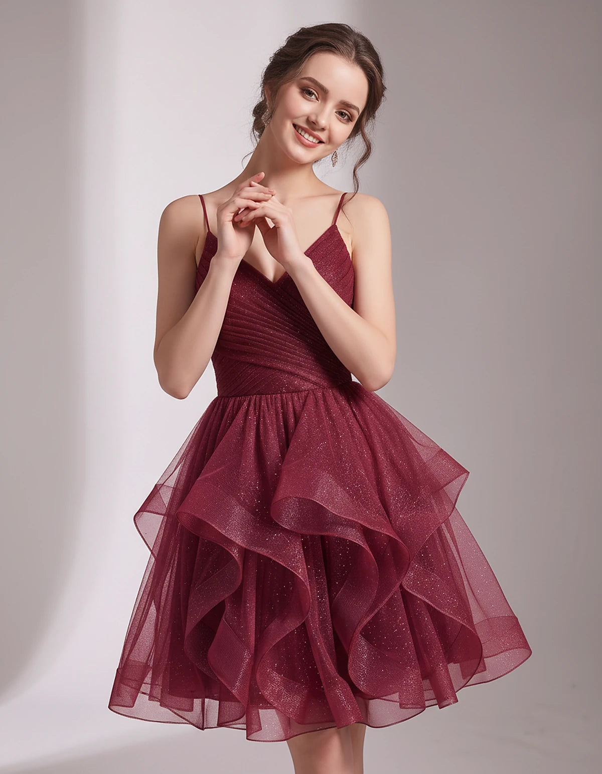 Glitter Tulle Satin Sleeveless V-Neck A-Line Mini Dress for Party, Prom, Cocktail, Evening, Summer & Wedding Guest Events | R