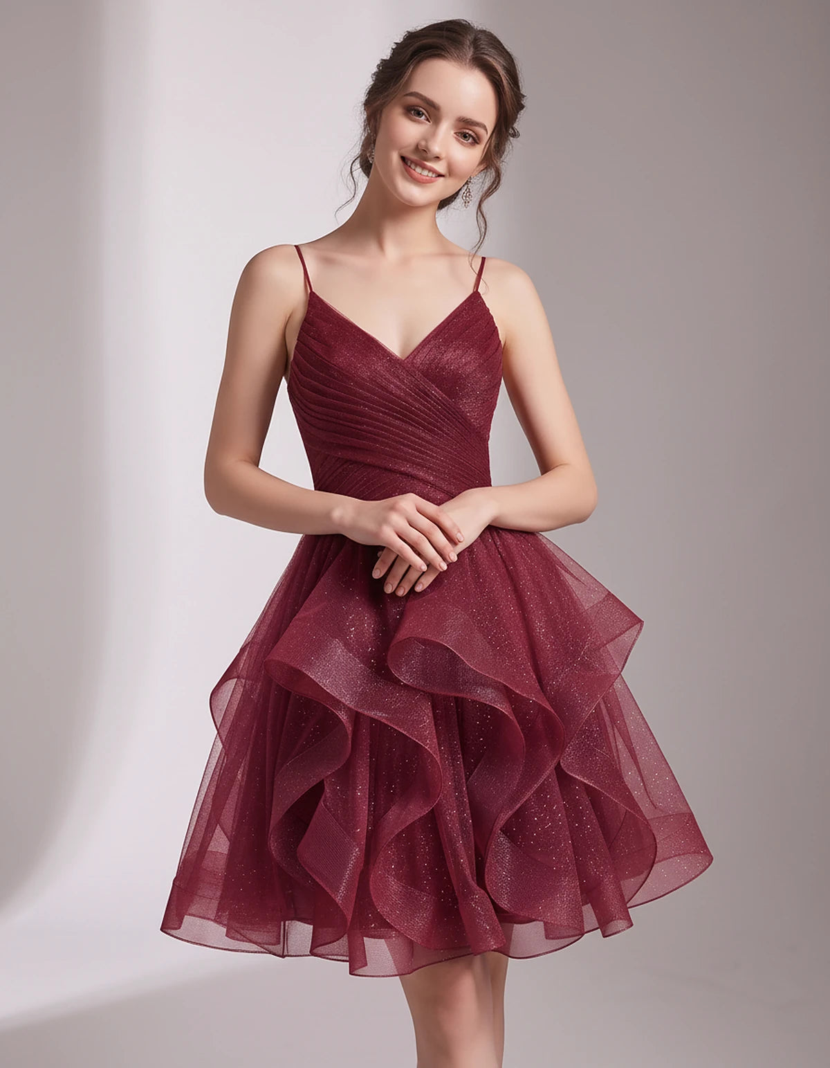 Glitter Tulle Satin Sleeveless V-Neck A-Line Mini Dress for Party, Prom, Cocktail, Evening, Summer & Wedding Guest Events | R