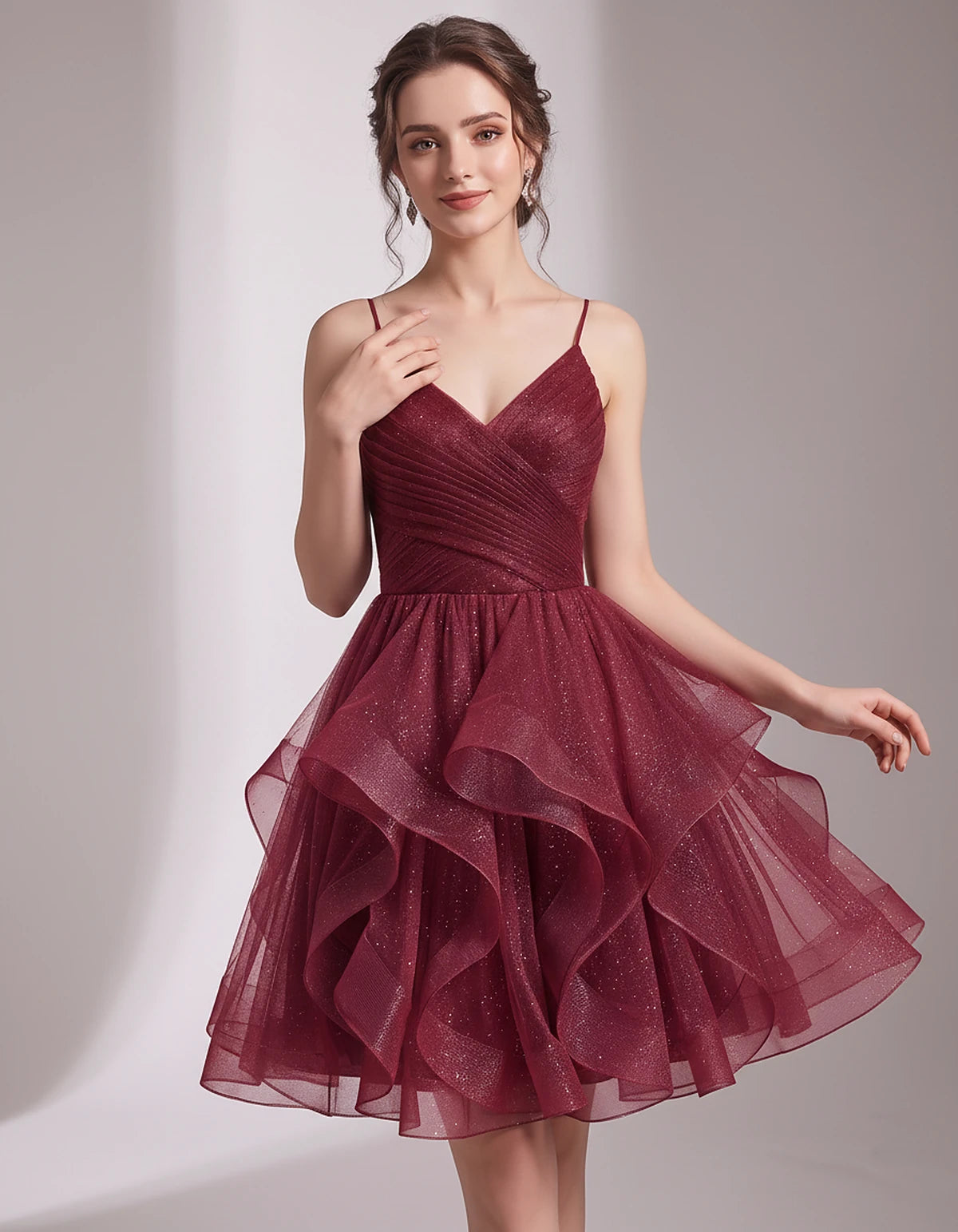 Glitter Tulle Satin Sleeveless V-Neck A-Line Mini Dress for Party, Prom, Cocktail, Evening, Summer & Wedding Guest Events | R