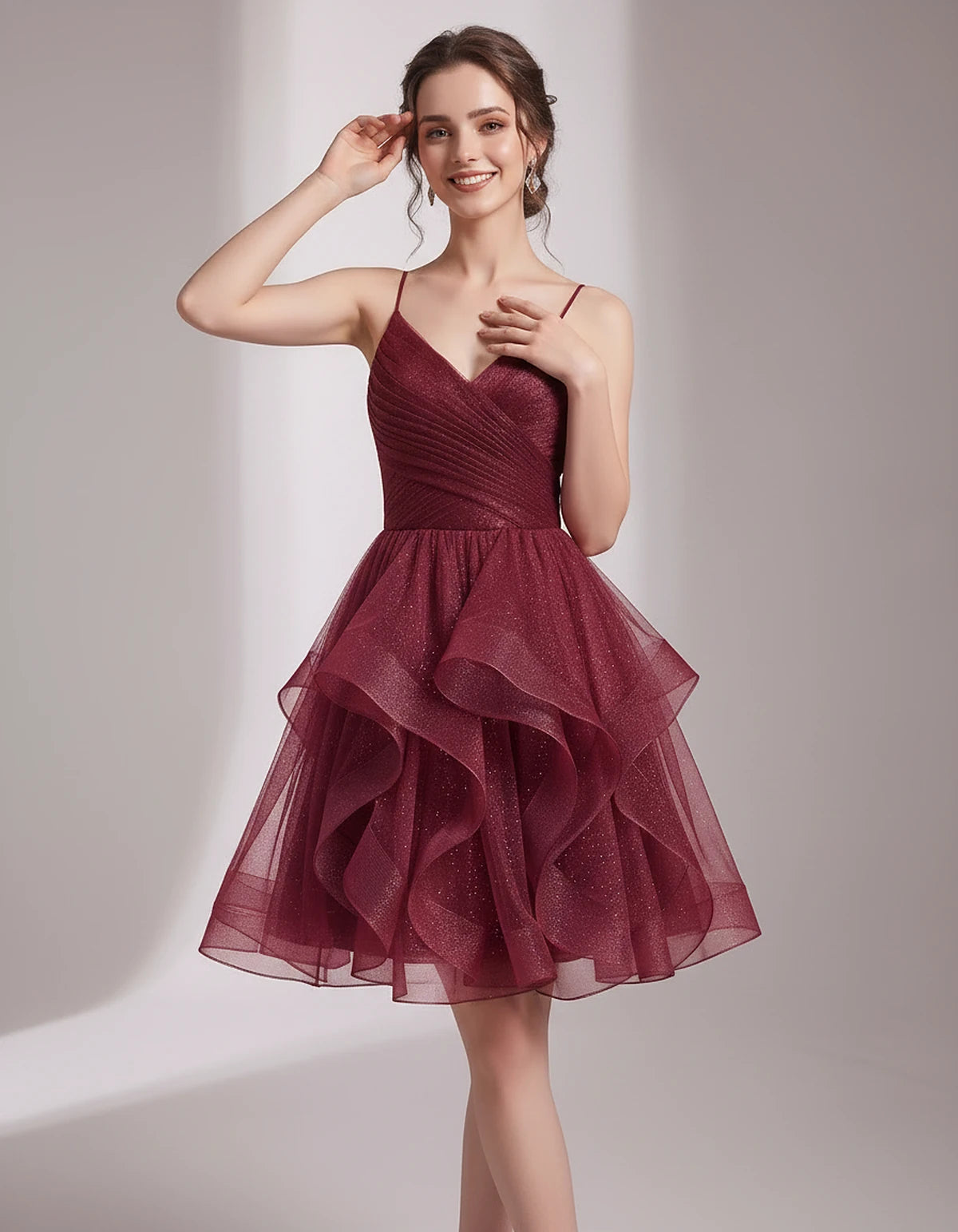 Glitter Tulle Satin Sleeveless V-Neck A-Line Mini Dress for Party, Prom, Cocktail, Evening, Summer & Wedding Guest Events | R