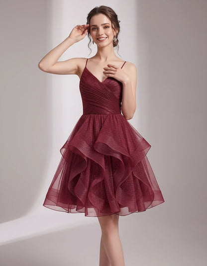 Glitter Tulle Satin Sleeveless V-Neck A-Line Mini Dress for Party, Prom, Cocktail, Evening, Summer & Wedding Guest Events | R