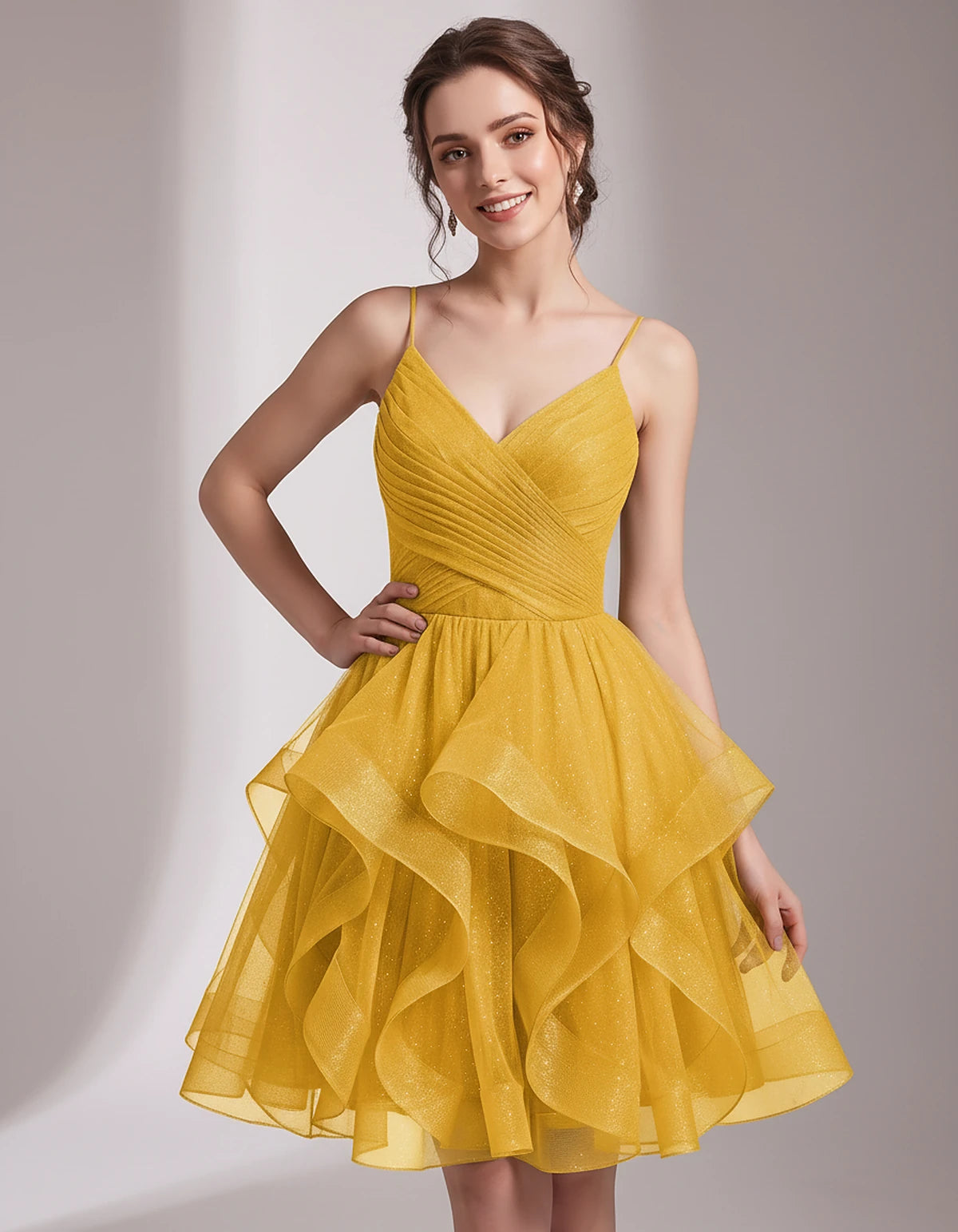 Glitter Tulle Satin Sleeveless V-Neck A-Line Mini Dress for Party, Prom, Cocktail, Evening, Summer & Wedding Guest Events | R