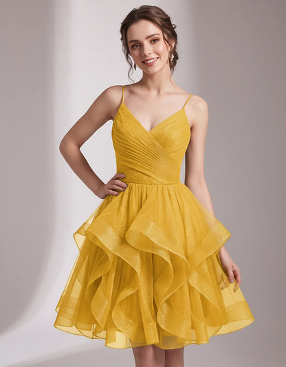 Glitter Tulle Satin Sleeveless V-Neck A-Line Mini Dress for Party, Prom, Cocktail, Evening, Summer & Wedding Guest Events | R