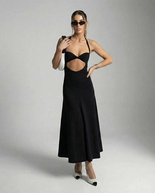 Glow Midi Dress in black with halter neckline and V-neck cutout, perfect for sophisticated occasions by RAMBLION.