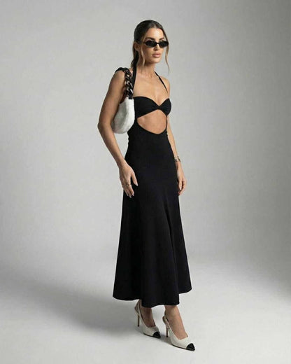 Glow Midi Dress in black with V-neck cutout, perfect for elegant occasions. Designed by RAMBLION.