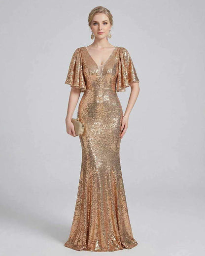 Gold Gown V-Neck Sleeveless Maxi Dress | Formal Events, Cocktail Parties & Wedding Guest, front view | Ramblion | SKU: CMD-58392-gold-L-5867,CMD-58392-gold-M-223,CMD-58392-gold-S-4984,CMD-58392-gold-XL-9582,CMD-58392-gold-XS-9665