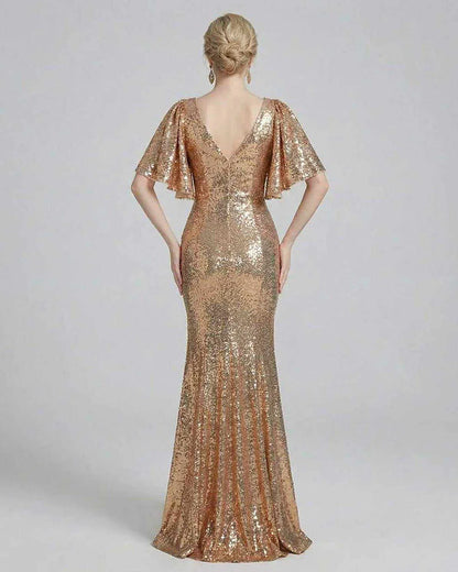 Gold Gown V-Neck Sleeveless Maxi Dress | Formal Events, Cocktail Parties & Wedding Guest, back view | Ramblion | SKU: CMD-58392-gold-L-5867,CMD-58392-gold-M-223,CMD-58392-gold-S-4984,CMD-58392-gold-XL-9582,CMD-58392-gold-XS-9665