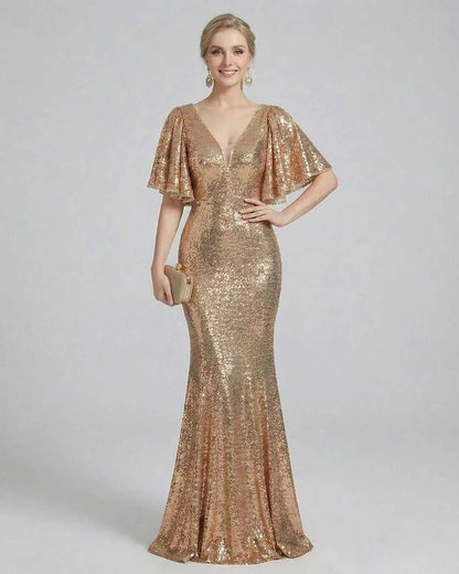 Gold Gown V-Neck Sleeveless Maxi Dress | Formal Events, Cocktail Parties & Wedding Guest, front view | Ramblion | SKU: CMD-58392-gold-L-5867,CMD-58392-gold-M-223,CMD-58392-gold-S-4984,CMD-58392-gold-XL-9582,CMD-58392-gold-XS-9665