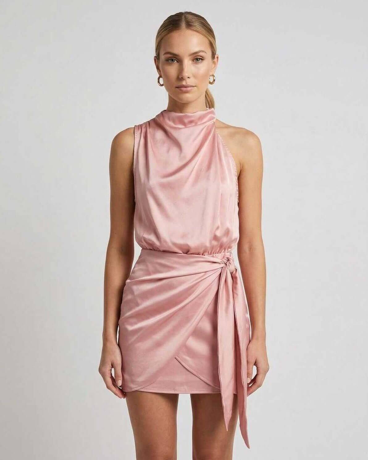 Grace Mini Dress by RAMBLION, pink satin mini dress with high neckline, elegant for warm-weather occasions.