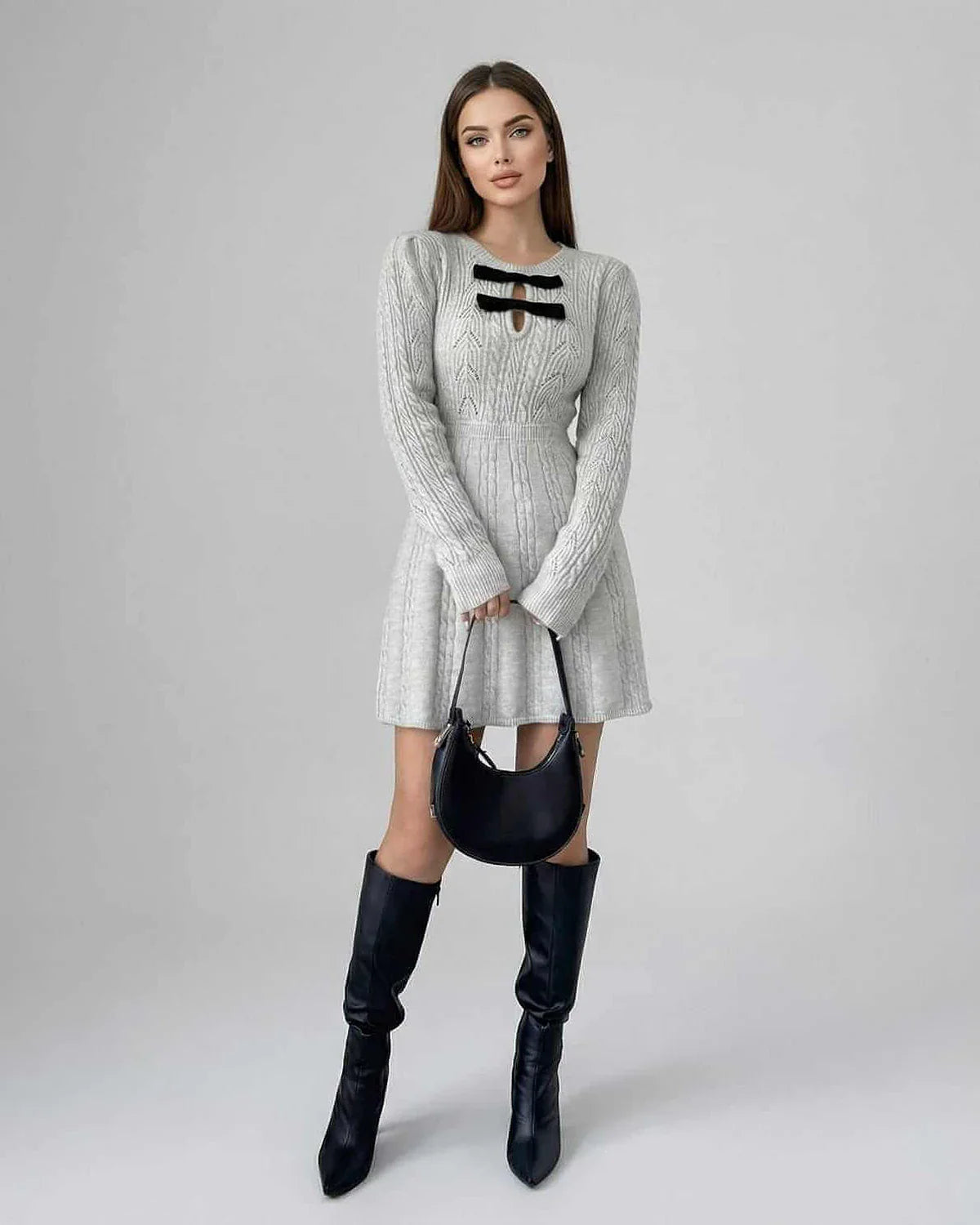 Gray Bodycon Crew Neck Long Sleeve Mini Dress | Guest of Wedding, front view | Ramblion | SKU: EMD-47291-gray-L-832,EMD-47291-gray-M-8489,EMD-47291-gray-S-8591,EMD-47291-gray-XL-273,EMD-47291-gray-XS-7277