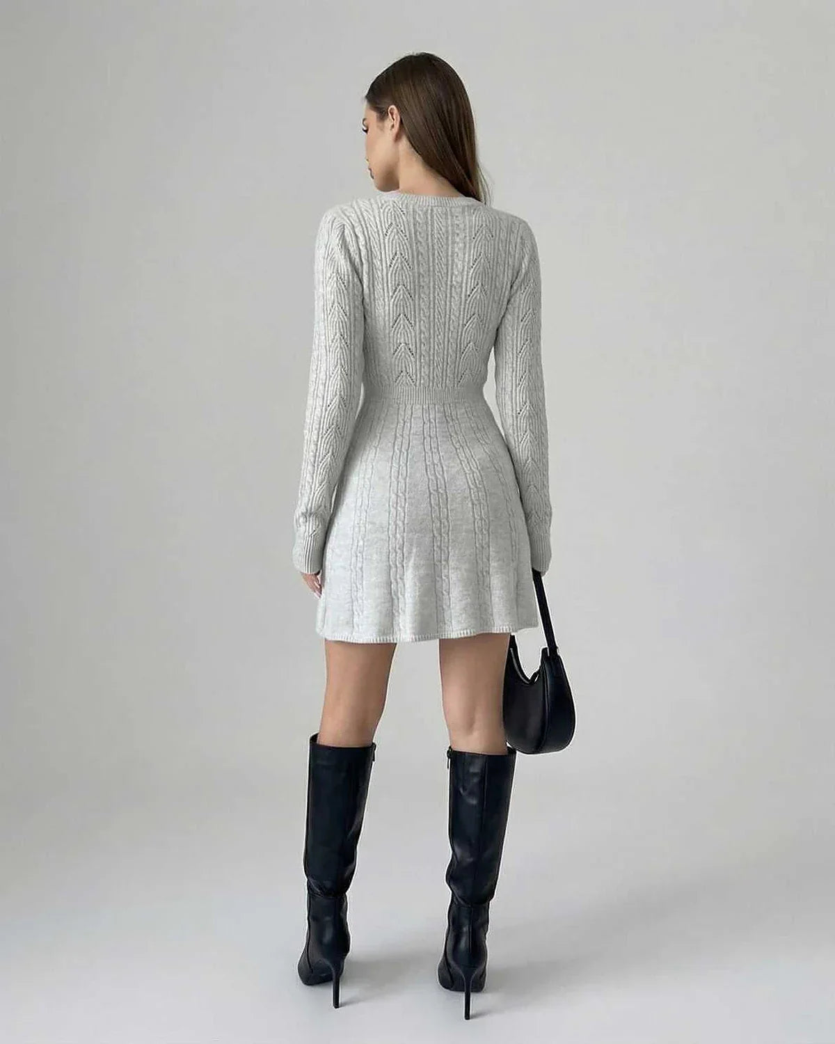 Gray Bodycon Crew Neck Long Sleeve Mini Dress | Guest of Wedding, back view | Ramblion | SKU: EMD-47291-gray-L-832,EMD-47291-gray-M-8489,EMD-47291-gray-S-8591,EMD-47291-gray-XL-273,EMD-47291-gray-XS-7277