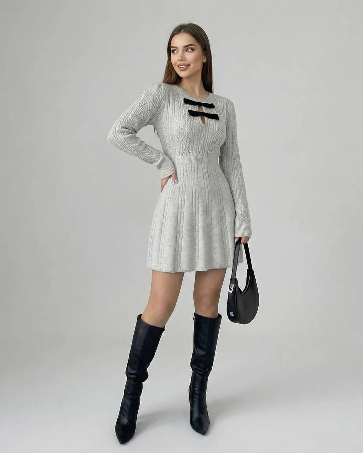 Gray Bodycon Crew Neck Long Sleeve Mini Dress | Guest of Wedding, front view | Ramblion | SKU: EMD-47291-gray-L-832,EMD-47291-gray-M-8489,EMD-47291-gray-S-8591,EMD-47291-gray-XL-273,EMD-47291-gray-XS-7277