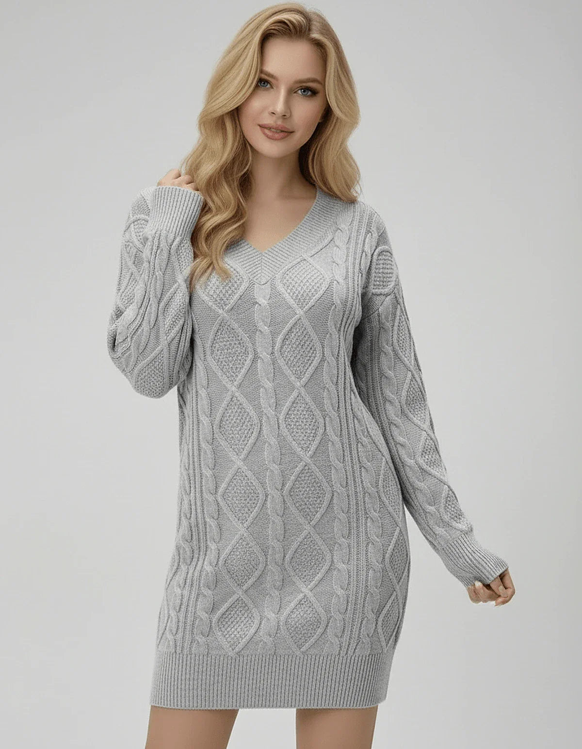 Gray Bodycon V-Neck Long Sleeve Mini Dress | Party Nights & Guest of Wedding, front view | Ramblion | SKU: SMD-293847561-gray-L-5567,SMD-293847561-gray-M-5359,SMD-293847561-gray-S-6294,SMD-293847561-gray-XL-7780,SMD-293847561-gray-XS-3899