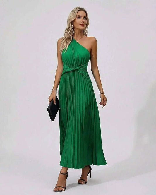 Green A-line Boat Neck Sleeveless Midi Dress | Prom & Celebrations, front view | Ramblion