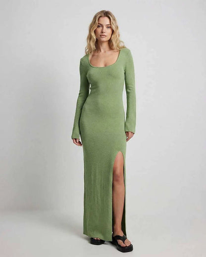 Green Cotton Bodycon Round Neck Long Sleeve Maxi Dress | Formal Occasions & Casual Outings, front view | Ramblion | SKU: VMD-483927165-green-L-1825,VMD-483927165-green-M-2492,VMD-483927165-green-S-2165,VMD-483927165-green-XL-6870,VMD-483927165-green-XS-4892