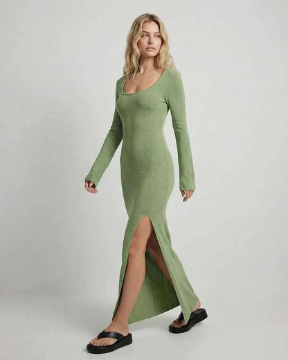 Green Cotton Bodycon Round Neck Long Sleeve Maxi Dress | Formal Occasions & Casual Outings, side view | Ramblion | SKU: VMD-483927165-green-L-1825,VMD-483927165-green-M-2492,VMD-483927165-green-S-2165,VMD-483927165-green-XL-6870,VMD-483927165-green-XS-4892