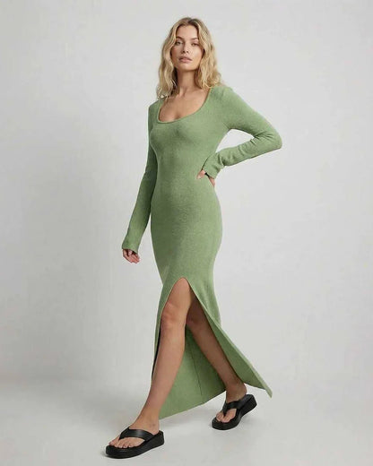 Green Cotton Bodycon Round Neck Long Sleeve Maxi Dress | Formal Occasions & Casual Outings, side view | Ramblion | SKU: VMD-483927165-green-L-1825,VMD-483927165-green-M-2492,VMD-483927165-green-S-2165,VMD-483927165-green-XL-6870,VMD-483927165-green-XS-4892