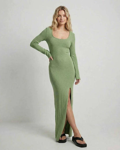 Green Cotton Bodycon Round Neck Long Sleeve Maxi Dress | Formal Occasions & Casual Outings, front view | Ramblion | SKU: VMD-483927165-green-L-1825,VMD-483927165-green-M-2492,VMD-483927165-green-S-2165,VMD-483927165-green-XL-6870,VMD-483927165-green-XS-4892